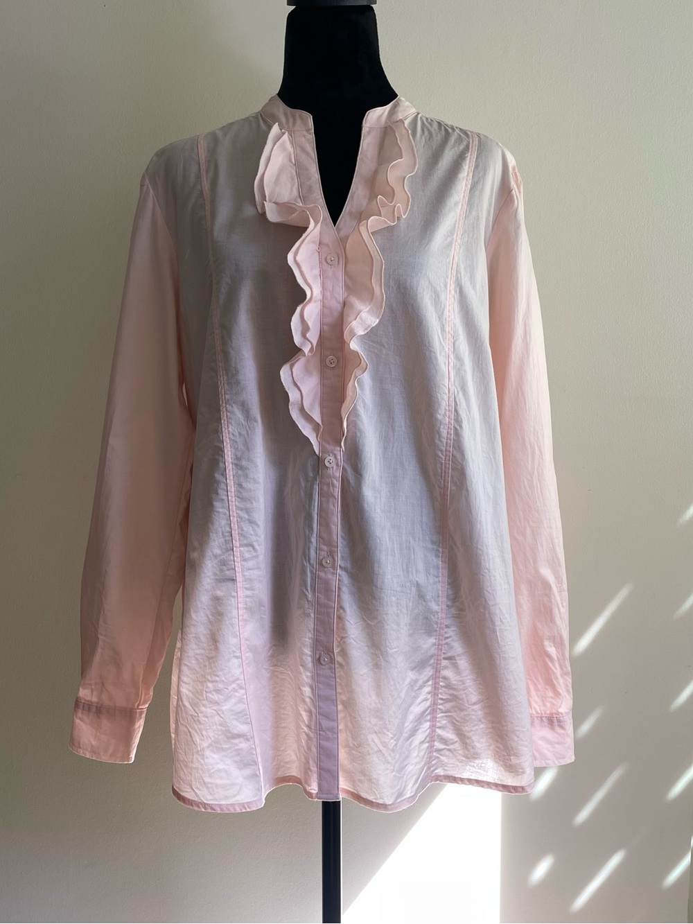 Pure Alfred Sung Pink Ruffle Blouse Size L 100% Cotton Button Front Tunic Top